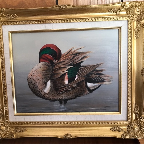 Vintage MCM Signed Green Wing Teal duck artwork beautiful framed painting . - Picture 4 of 6